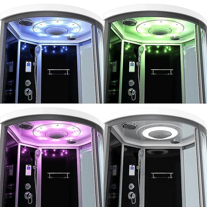 AcquaVapore Komplettdusche Fertigdusche K55-L31-WP - Schwarz - Moderne Duschkabine mit Glaswänden, schwarzer Verkleidung, Chromarmaturen und mehrfarbiger LED-Farbtherapiebeleuchtung.
