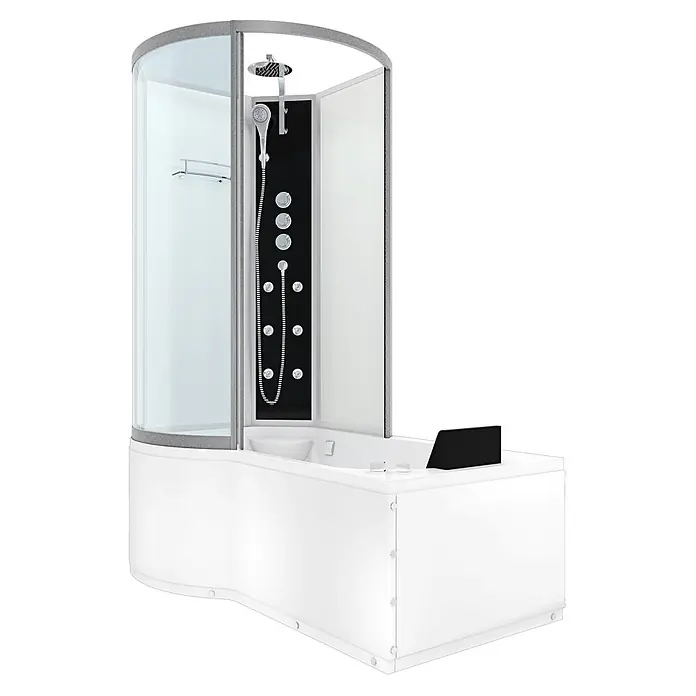 AcquaVapore Komplettdusche Fertigdusche K50-R02-WP-EC - Weiß - Weiße Dusch-Badewannen-Kombination mit Glasduschkabine und schwarzem Duschpaneel, ausgestattet mit Chromarmaturen und schwarzer Kopfstütze.