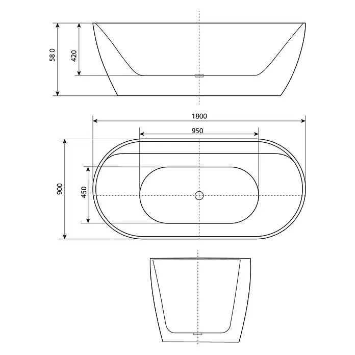 AcquaVapore Freistehende Badewanne Fertigdusche F29-180-AF04 - Acryl, Weiß - Technische Zeichnung einer freistehenden Badewanne mit Ansichten von oben, vorne und der Seite, inklusive Maßen.