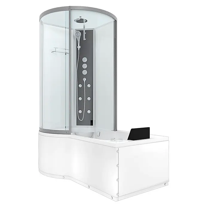 AcquaVapore Komplettdusche Fertigdusche K50-R02-WP-EC - Weiß - Weiße Dusch-Badewannen-Kombination mit klarer Glaskabine, Kopf- und Handbrause sowie dunkelgrauem Bedienfeld mit Massagedüsen.