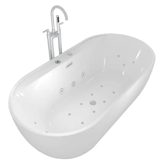 AcquaVapore Freistehende Badewanne Fertigdusche F29-180-AF03 - Acryl, Weiß - Weißer freistehender Whirlpool mit Chrom-Standarmatur und Handbrause.
