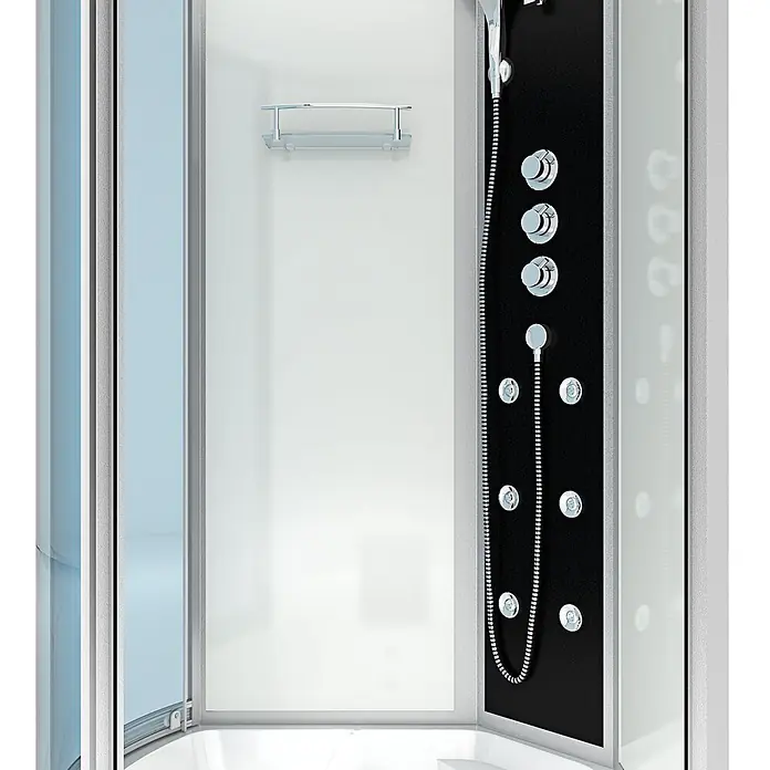 AcquaVapore Komplettdusche Fertigdusche K50-R02-WP-EC - Weiß - Moderne Duschkabine mit schwarzem Bedienfeld, mehreren Düsen, Handbrause und Glasablage.