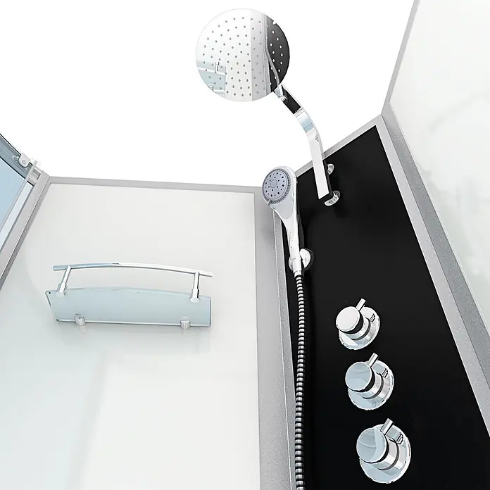 AcquaVapore Komplettdusche Fertigdusche K50-R02-WP-EC - Weiß - Moderne Duschkabine mit schwarzer Platte, Kopf- und Handbrausen, drei Bedienelementen und Glasablage.