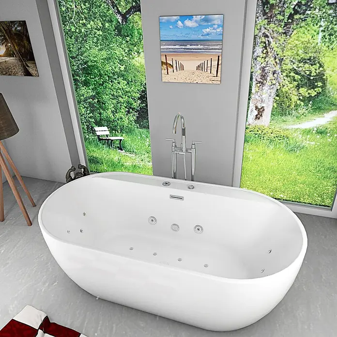 AcquaVapore Freistehende Badewanne Fertigdusche F29-180-AF03 - Acryl, Weiß - Weiße freistehende Whirlpool-Badewanne mit Standarmatur in modernem Badezimmerambiente.