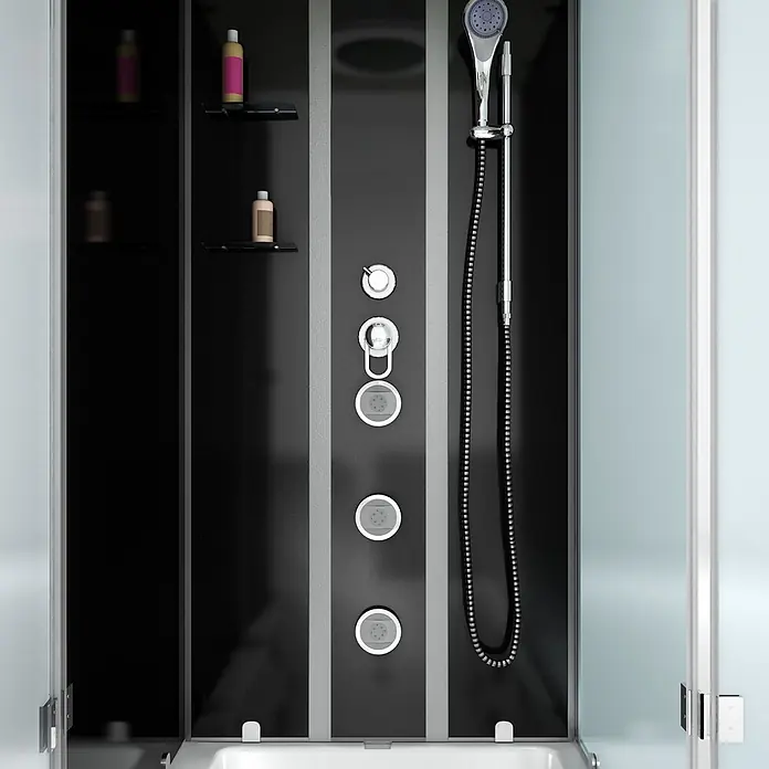 AcquaVapore Komplettdusche Fertigdusche K05-L30-WP - Schwarz - Modernes schwarzes Duschkabinen-Interieur mit Chromarmaturen, Duschkopf und Massagedüsen, inkl. Glasablagen für Toilettenartikel.