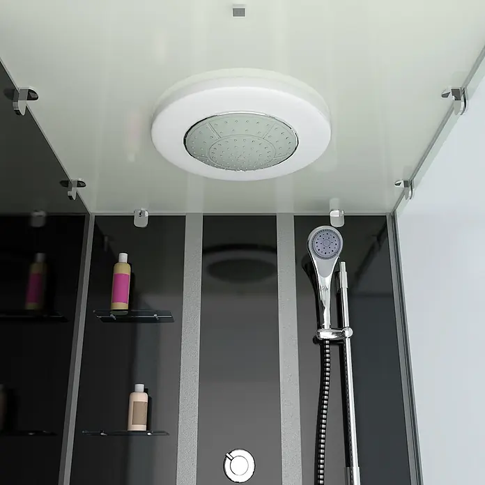 AcquaVapore Komplettdusche Fertigdusche K05-L30-WP - Schwarz - Innenansicht einer modernen Duschkabine mit dunkelgrauen Paneelen, einer weißen Deckendusche und einer verchromten Handbrause mit Pflegeprodukten auf Glasablagen.