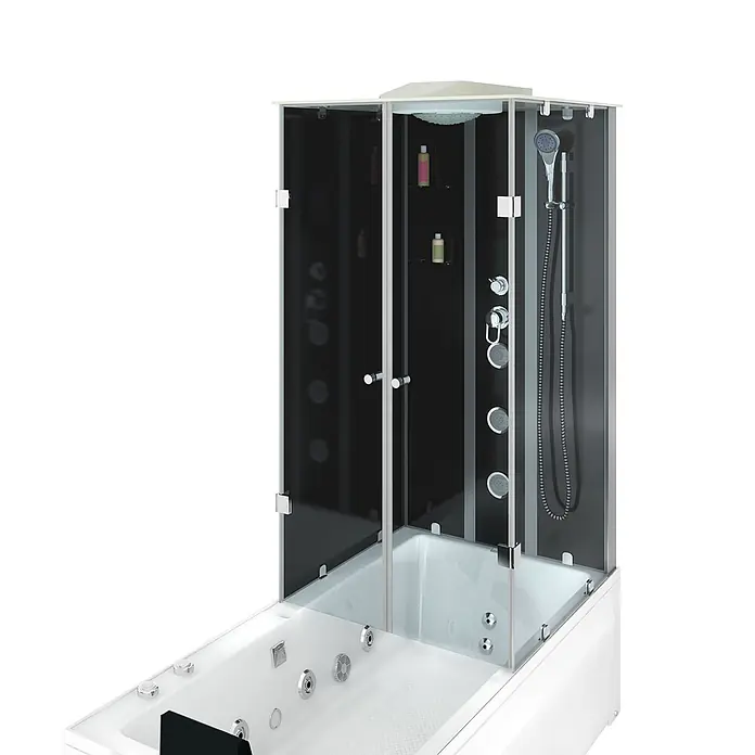AcquaVapore Komplettdusche Fertigdusche K05-L30-WP - Schwarz - Weiße Dusch- und Whirlpool-Kombination mit dunkler Glaskabine und Chromarmaturen.