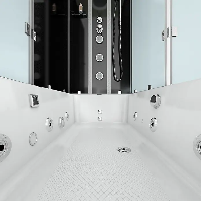 AcquaVapore Komplettdusche Fertigdusche K05-L30-WP - Schwarz - Weiße Acryl-Whirlpool-Badewanne und Duschkabinenkombination mit schwarzem und grauem Bedienfeld und Chromarmaturen.