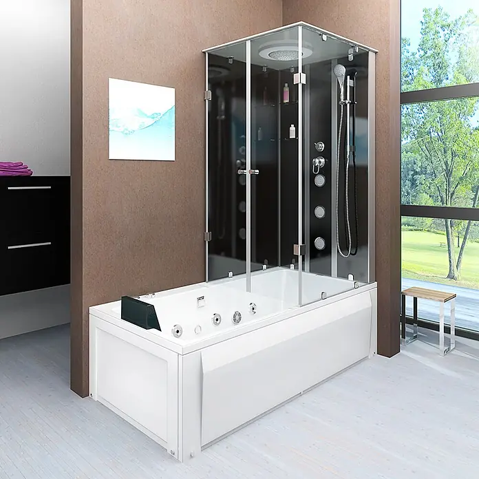 AcquaVapore Komplettdusche Fertigdusche K05-L30-WP - Schwarz - Weiße Badewanne mit integrierter Duschkabine aus schwarzem Glas, ausgestattet mit Düsen und Kopfbrause, in einem modernen Bad.