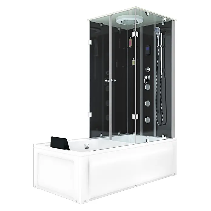 AcquaVapore Komplettdusche Fertigdusche K05-L30-WP - Schwarz - Weiße Badewanne mit integrierter schwarzer Duschkabine und Klarglaspaneelen, mit Regendusche, Handbrause und Massagedüsen.