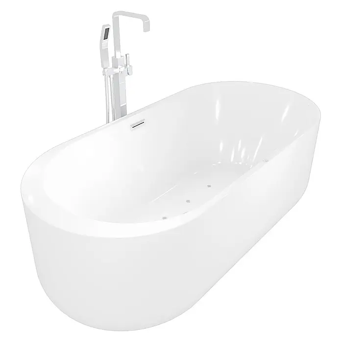 AcquaVapore Freistehende Badewanne Fertigdusche F16-170-AF05 - Acryl, Weiß - Weiße freistehende Whirlpool-Badewanne mit bodenstehender Chromarmatur und Handbrause.