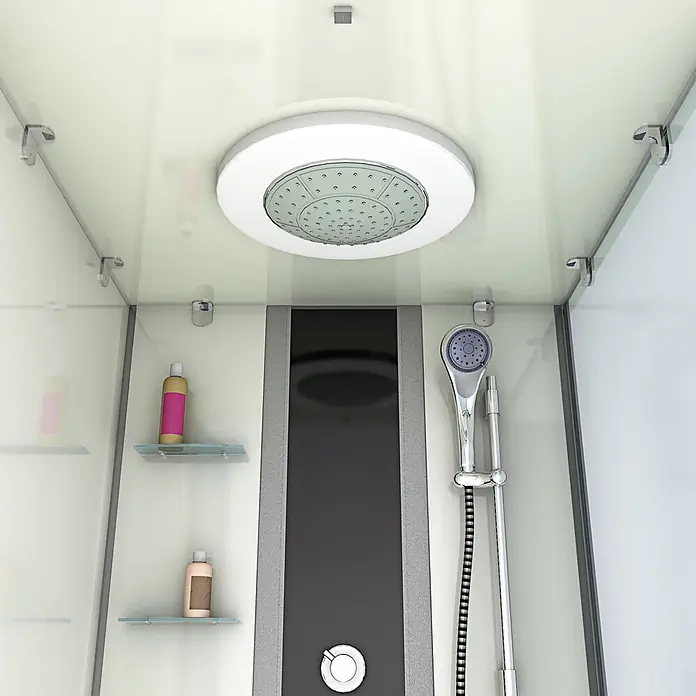 AcquaVapore Komplettdusche Fertigdusche K05-L00-WP-EC - Weiß - Innenansicht einer modernen Duschkabine mit Kopfbrause, Handbrause und Glasablagen mit Flaschen.