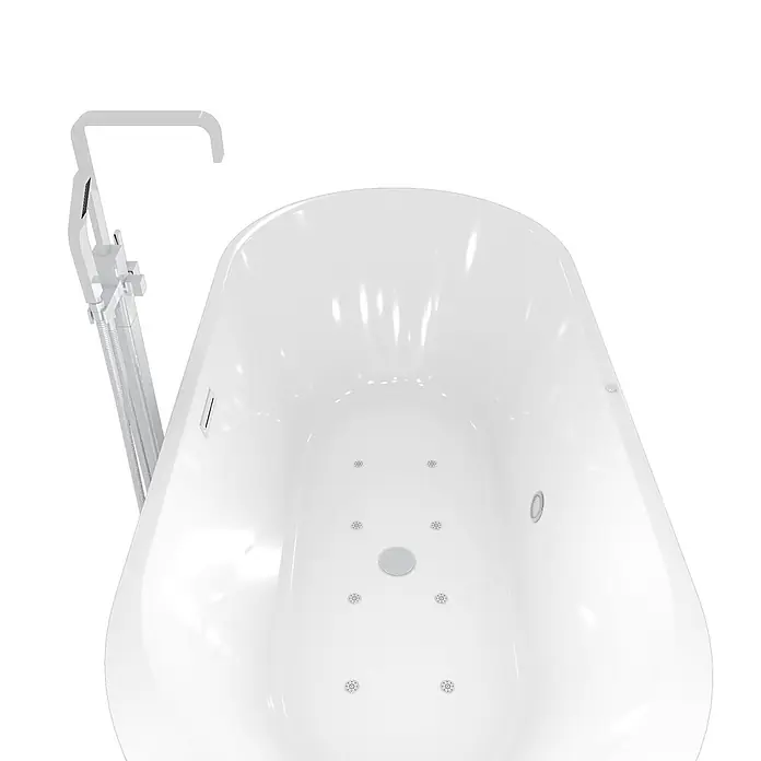 AcquaVapore Freistehende Badewanne Fertigdusche F16-170-AF05 - Acryl, Weiß - Weiße freistehende Badewanne mit internen Düsen und bodenstehender Duscharmatur.