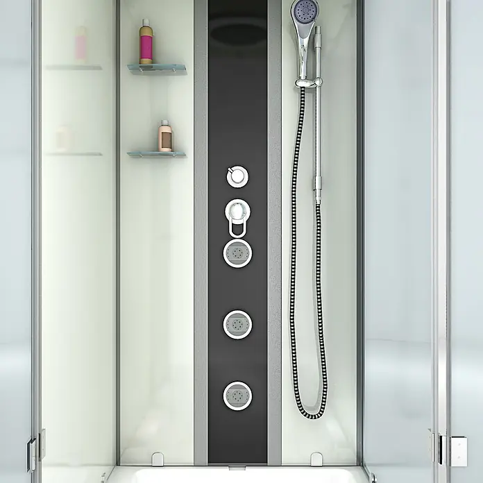 AcquaVapore Komplettdusche Fertigdusche K05-L00-WP-EC - Weiß - Innenansicht einer modernen Duschkabine mit dunkler Armaturenplatte, Handbrause, Massagedüsen, Bedienelementen und Ablagen mit Flaschen.