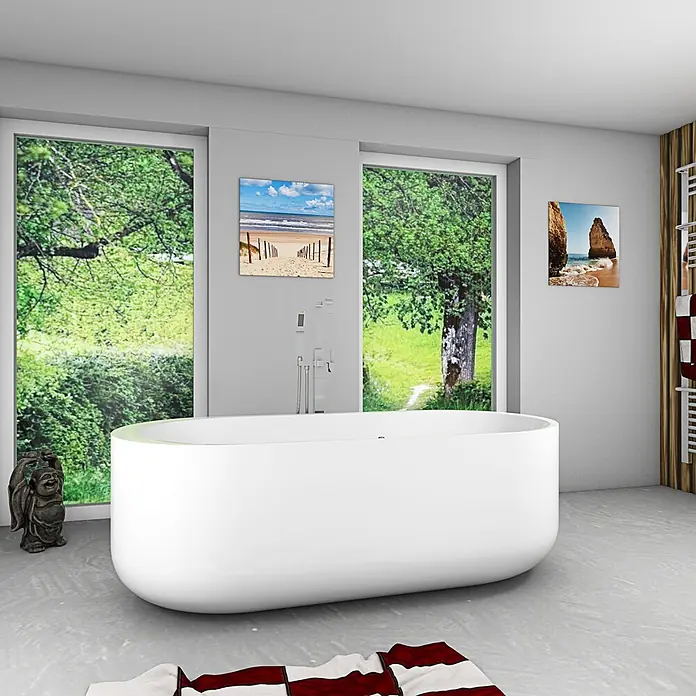AcquaVapore Freistehende Badewanne Fertigdusche F16-170-AF05 - Acryl, Weiß - Weiße freistehende Badewanne in einem modernen Badezimmer, die ihr schlankes Design und ihre großzügige Größe zeigt.