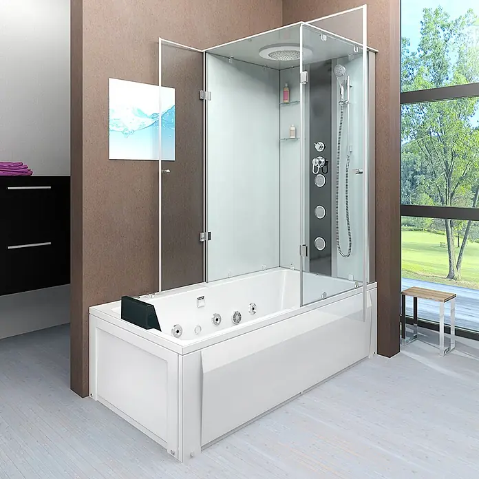 AcquaVapore Komplettdusche Fertigdusche K05-L00-WP-EC - Weiß - Weiße Whirlpool-Badewanne mit integrierter Glasduschkabine und Chromarmaturen in einem hellen, modernen Badezimmer.