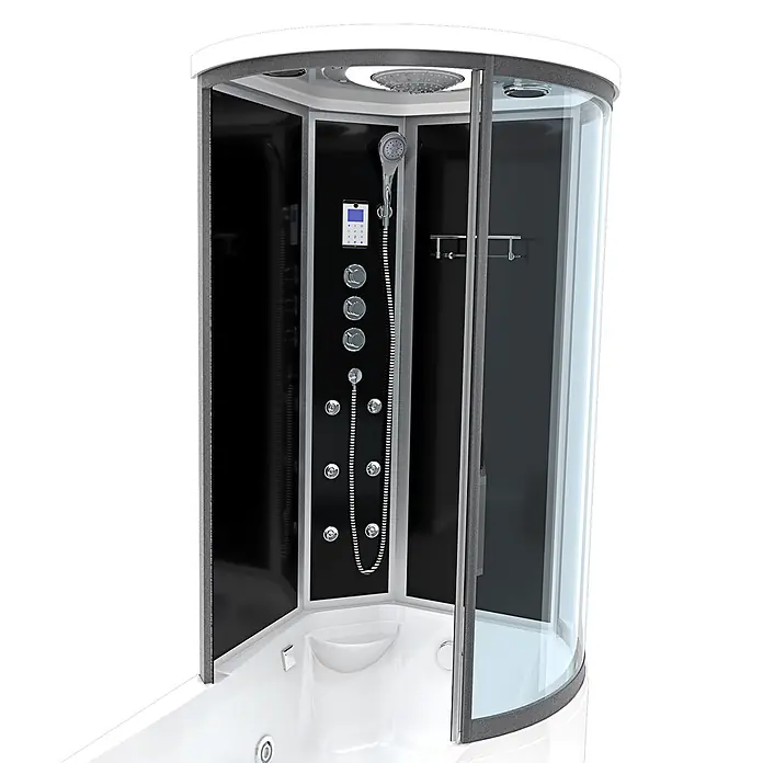 AcquaVapore Komplettdusche Fertigdusche K55-L33-WP - Schwarz - Moderne Duschkabine mit schwarzen Paneelen, Klarglastüren und weißem Sockel, inklusive Hand- und Regendusche sowie Bedienfeld.