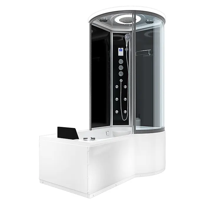 AcquaVapore Komplettdusche Fertigdusche K55-L33-WP - Schwarz - Weiße Duschkabine mit integrierter Badewanne, schwarzen Innenpaneelen, Klarglas, Regendusche, Handbrause, Massagedüsen und Bedienfeld.