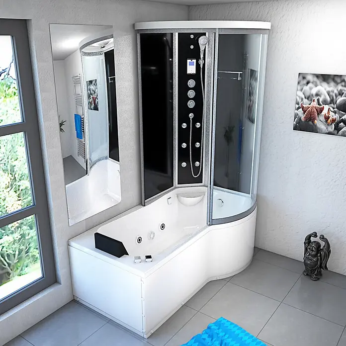 AcquaVapore Komplettdusche Fertigdusche K55-L33-WP - Schwarz - Moderne weiße Badewanne und schwarze Glasduschkombination in einem Badezimmer.