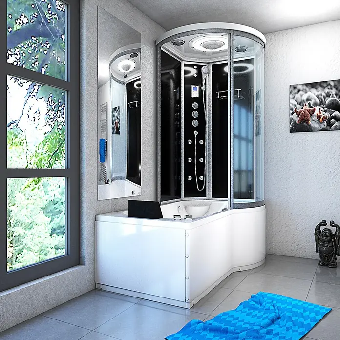 AcquaVapore Komplettdusche Fertigdusche K55-L33-WP - Schwarz - Moderne weiße und schwarze Eckduschkabine mit integrierter Badewanne.