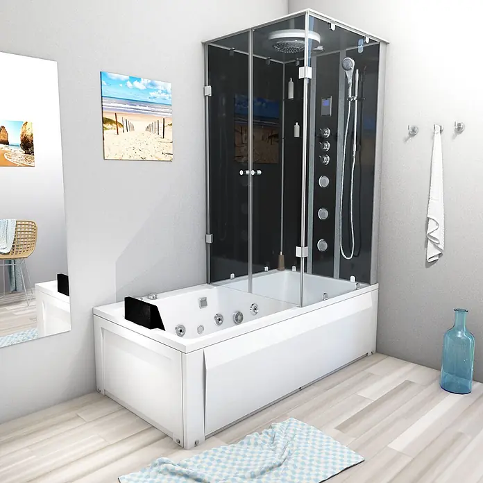 AcquaVapore Komplettdusche Fertigdusche K05-L33-WP - Schwarz - Eine moderne weiße Badewanne mit Hydromassagedüsen, integriert in eine schwarz gerahmte Duschkabine mit Kopf-, Hand- und Körperdüsen im Badezimmer.