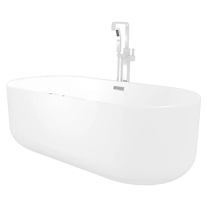 AcquaVapore Freistehende Badewanne Fertigdusche F26-170-AF05 - Acryl, Weiß - Weiße freistehende ovale Badewanne mit chromfarbener bodenstehender Armatur und Handbrause.