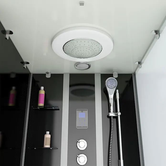 AcquaVapore Komplettdusche Fertigdusche K05-L33-WP - Schwarz - Modernes Duschkabinen-Interieur mit Kopfbrause, Handbrause, digitalem Bedienfeld und schwarz-weißem Design.