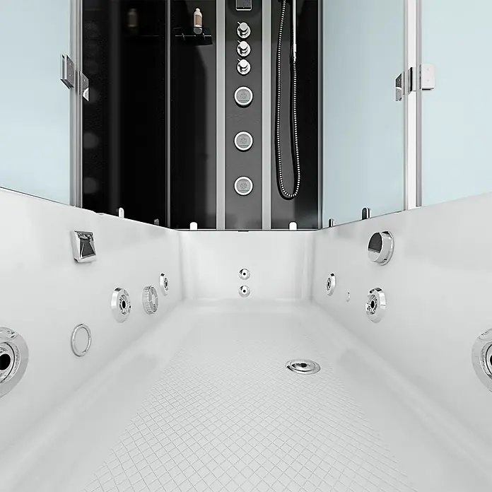 AcquaVapore Komplettdusche Fertigdusche K05-L33-WP - Schwarz - Weiße Hydromassage-Badewanne kombiniert mit einer schwarz-grauen Duschkabine, mit Chromdüsen und Bedienelementen, von Glas umschlossen.