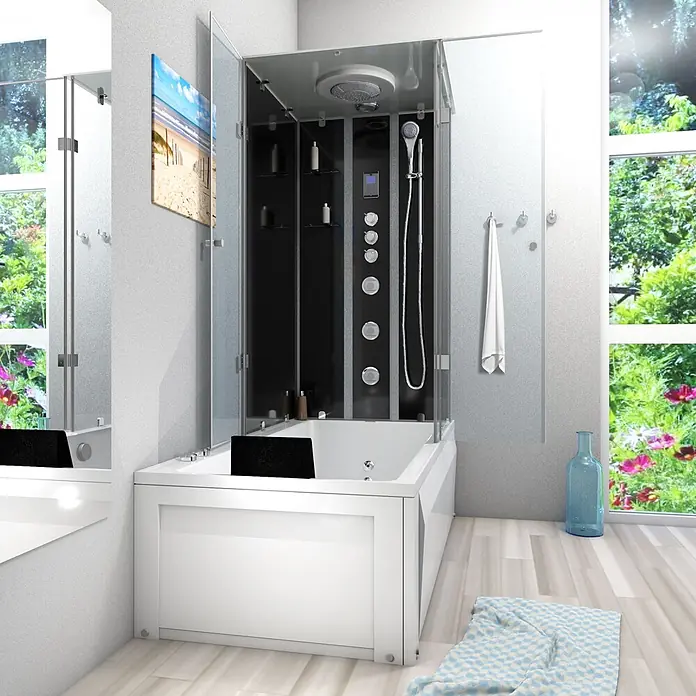 AcquaVapore Komplettdusche Fertigdusche K05-L33-WP - Schwarz - Weiße moderne Badewanne mit integrierter schwarzer und silberner Duschkabine in einem hellen Badezimmer.