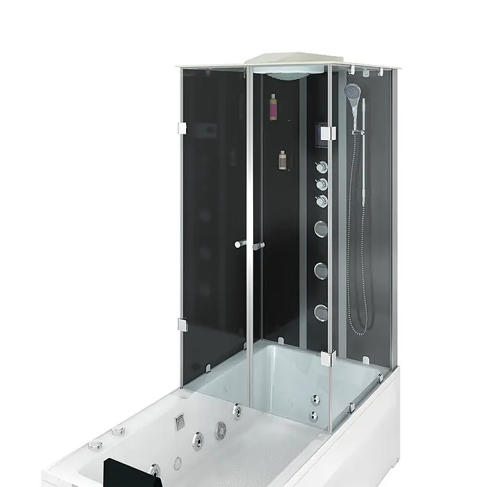 AcquaVapore Komplettdusche Fertigdusche K05-L33-WP - Schwarz - Weiße Dusch-Badewannen-Kombination mit schwarzer und klarer Glasduschkabine, Chromarmaturen und Hydromassagedüsen.