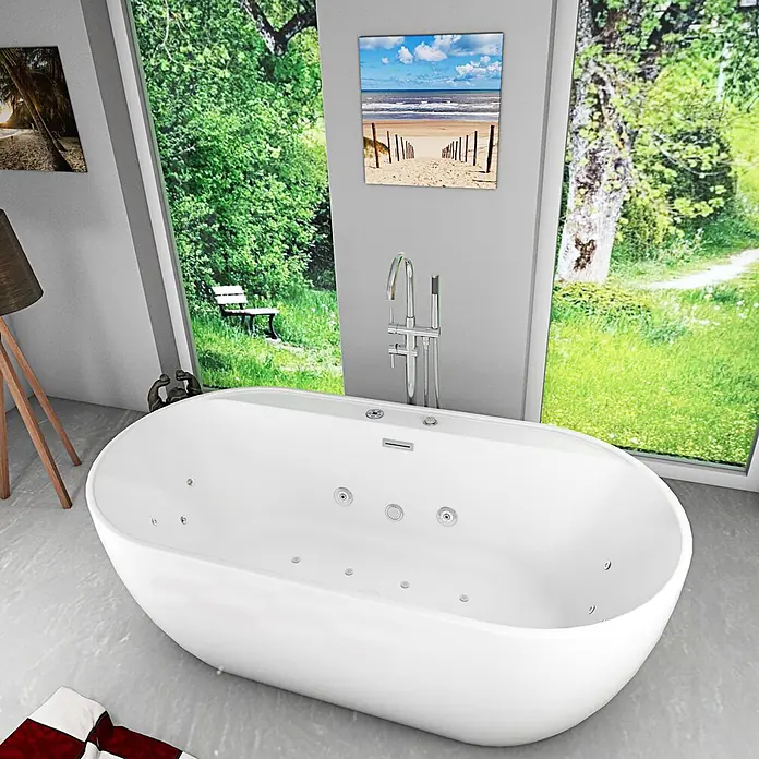 AcquaVapore Freistehende Badewanne Fertigdusche F29-180-AF04 - Acryl, Weiß - Weiße freistehende Badewanne mit Hydromassagedüsen und Standarmatur in einem modernen Bad.