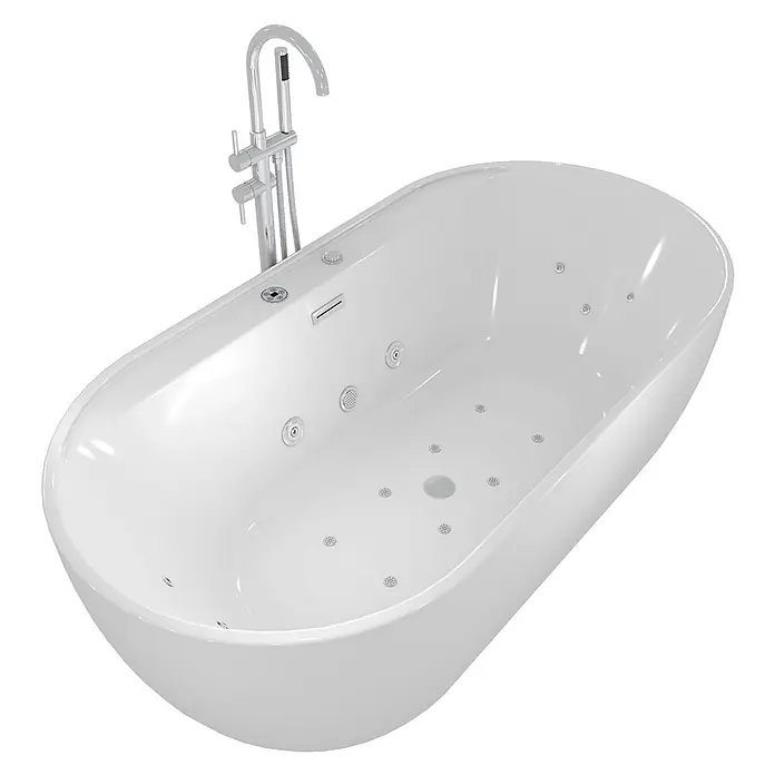 AcquaVapore Freistehende Badewanne Fertigdusche F29-180-AF04 - Acryl, Weiß - Weißes ovales freistehendes Whirlpool-Badewanne mit Chromarmatur und Hydrotherapie-Düsen.