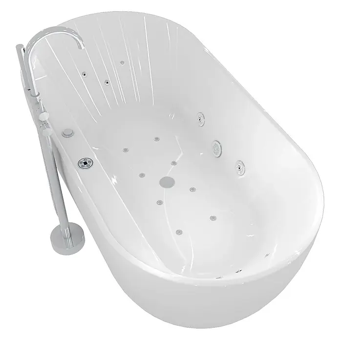 AcquaVapore Freistehende Badewanne Fertigdusche F29-180-AF04 - Acryl, Weiß - Weißer freistehender Whirlpool mit moderner bodenstehender Chromarmatur.