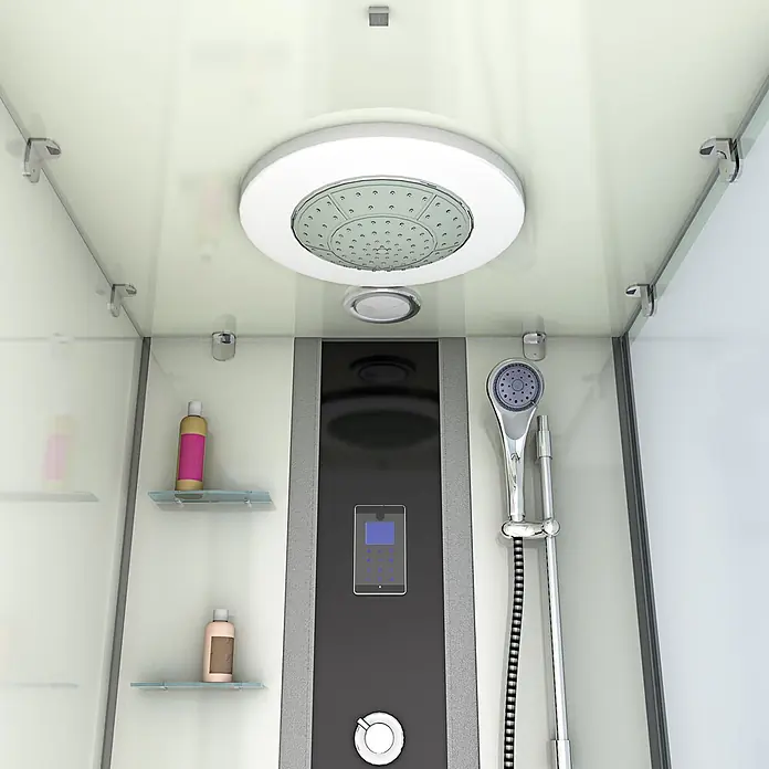 AcquaVapore Komplettdusche Fertigdusche K05-L01-WP - 180 x 90 x 225 cm, Weiß - Modernes Duschkabinen-Interieur: Kopf- und Handbrause, digitales Bedienfeld, Glasregale, Chrom- und Glasdetails.