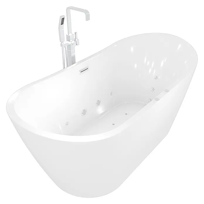 AcquaVapore Freistehende Badewanne Fertigdusche F23-180-AF05 - Acryl, Weiß - Weiße freistehende Whirlpool-Badewanne mit Chromarmatur und Handbrause.