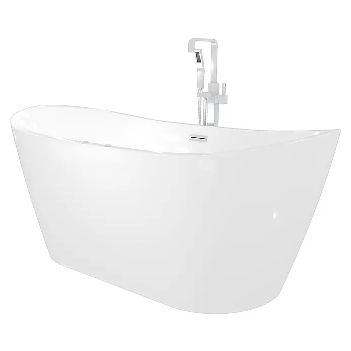 AcquaVapore Freistehende Badewanne Fertigdusche F23-180-AF05 - Acryl, Weiß - Weißes freistehendes Badewanne mit bodenstehender Chromarmatur und Handbrause.