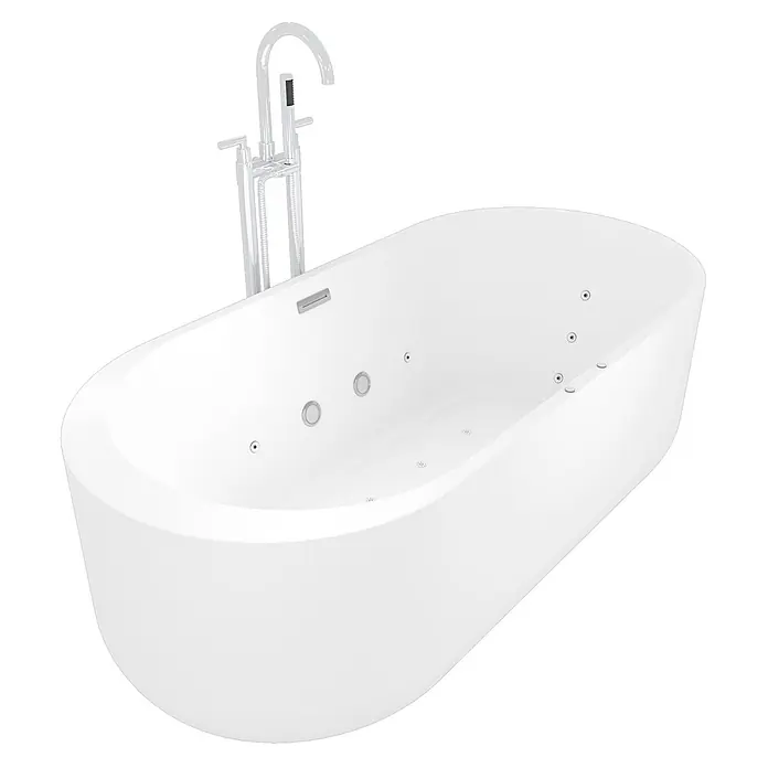 AcquaVapore Freistehende Badewanne Fertigdusche F26-170-AF03 - Acryl, Weiß - Weiße freistehende Whirlpool-Badewanne mit verchromter Bodenarmatur und Handbrause.