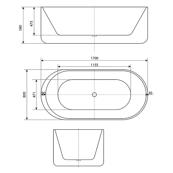 AcquaVapore Freistehende Badewanne Fertigdusche F26-170-AF04 - L x B: 170 x 80 cm, Acryl, Weiß - Detaillierte technische Zeichnung einer ovalen freistehenden Badewanne, mit Draufsicht, Vorderansicht und Seitenansicht und Maßen wie 1700x800x580mm.