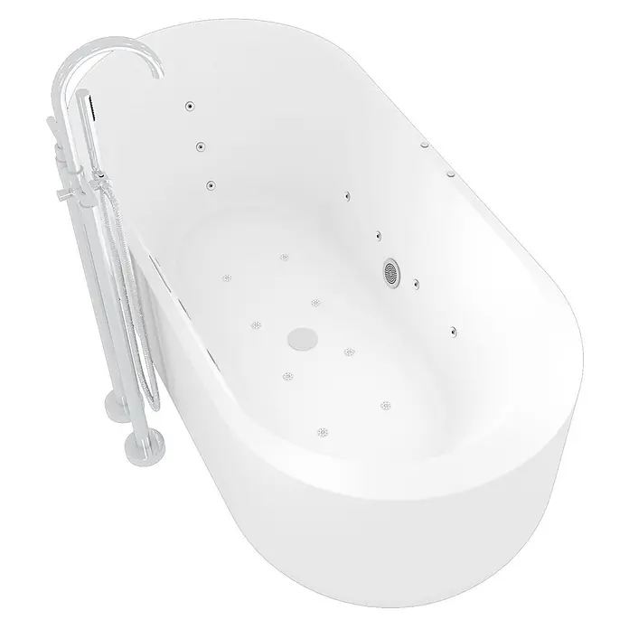 AcquaVapore Freistehende Badewanne Fertigdusche F26-170-AF03 - Acryl, Weiß - Weiße freistehende Whirlpool-Badewanne mit Chrom-Standarmatur und Handbrause.
