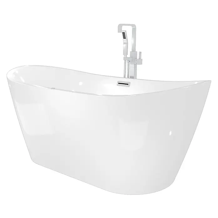 AcquaVapore Freistehende Badewanne Fertigdusche F13-180-AF05 - Acryl, Weiß - Weiße freistehende Badewanne mit integrierter, bodenstehender Chromarmatur und Handbrause.