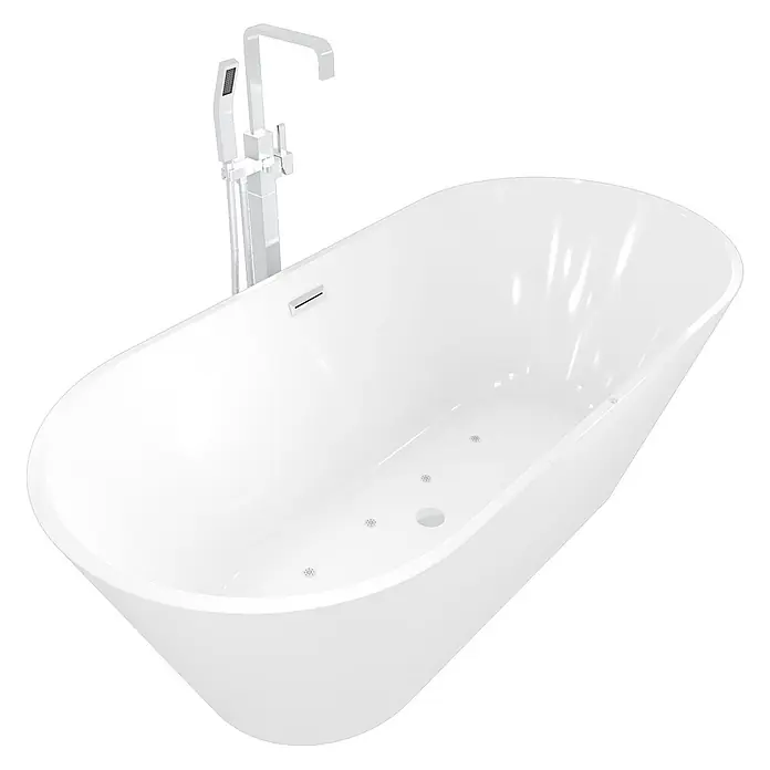 AcquaVapore Freistehende Badewanne Fertigdusche F11-170-AF05 - Acryl, Weiß - Moderne weiße freistehende Badewanne mit bodenstehender Chromarmatur, Handbrause und integrierten Massagedüsen.