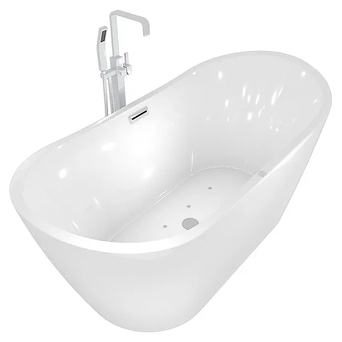 AcquaVapore Freistehende Badewanne Fertigdusche F13-180-AF05 - Acryl, Weiß - Weiße freistehende Badewanne mit modernem bodenstehendem Chromarmatur, Handbrause und integrierten Düsen.