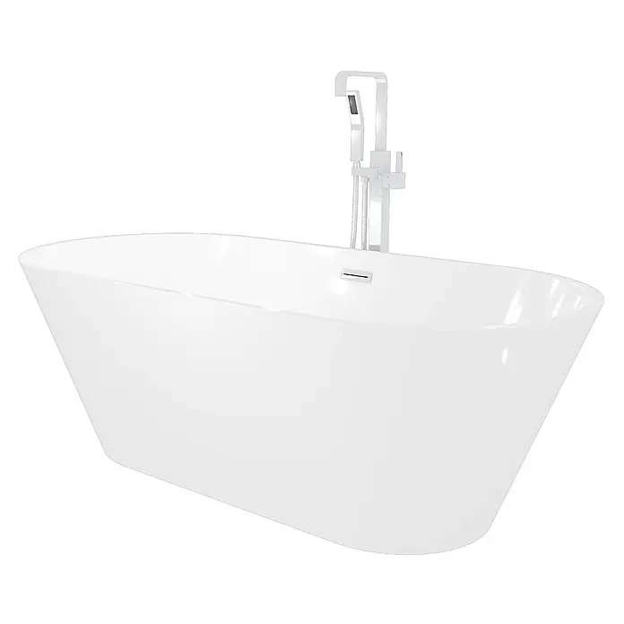 AcquaVapore Freistehende Badewanne Fertigdusche F11-170-AF05 - Acryl, Weiß - Weiße freistehende Badewanne mit bodenstehender Chromarmatur und Handbrause.