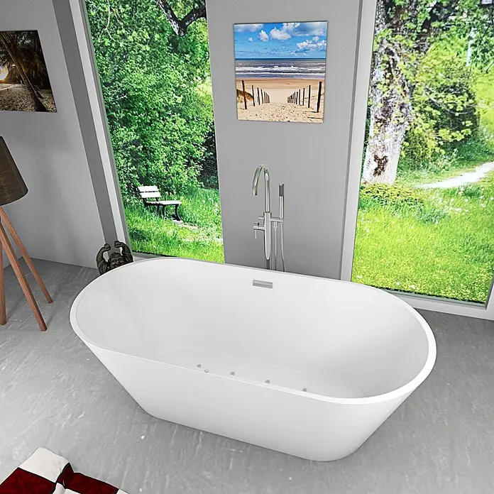 AcquaVapore Freistehende Badewanne Fertigdusche F11-170-AF02 - Acryl, Weiß - Elegante, weiße freistehende Badewanne mit integrierten Luftdüsen in einem modernen Badezimmer.