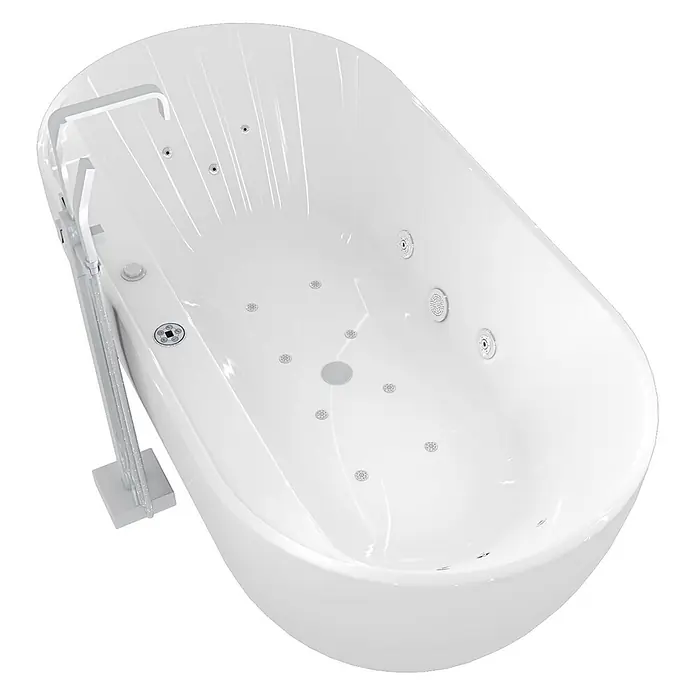 AcquaVapore Freistehende Badewanne Fertigdusche F29-180-AF05 - Acryl, Weiß - Weiße freistehende Badewanne mit Hydromassagedüsen und bodenstehender Armatur.