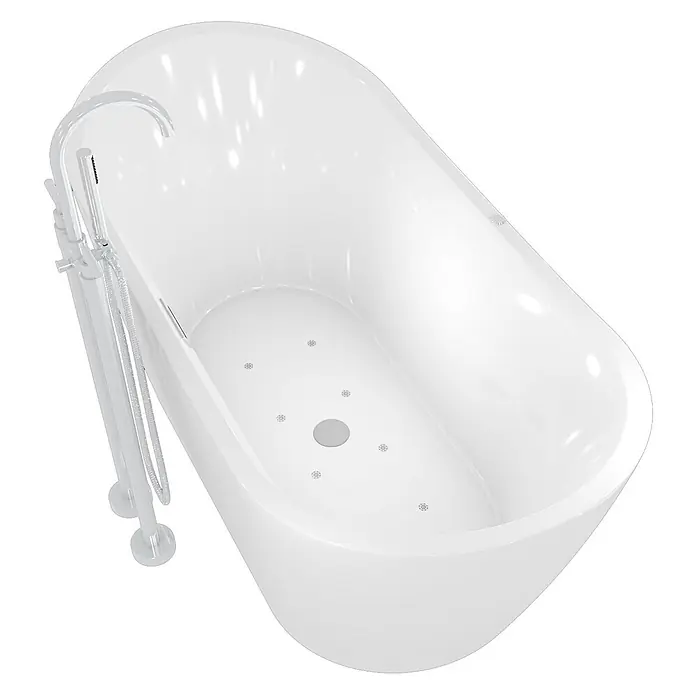 AcquaVapore Freistehende Badewanne Fertigdusche F13-180-AF03 - Acryl, Weiß - Weiße freistehende Badewanne mit integrierten Luftdüsen und bodenstehender Chromarmatur mit Handbrause.