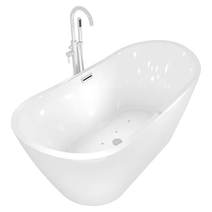 AcquaVapore Freistehende Badewanne Fertigdusche F13-180-AF02 - L x B: 180 x 80 cm, Acryl, Weiß - Weiße freistehende Badewanne mit modernem, bodenstehendem Chrom-Wasserhahn und eingebauten Düsen.