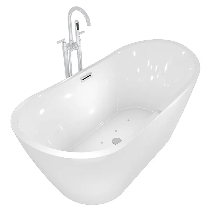 AcquaVapore Freistehende Badewanne Fertigdusche F13-180-AF03 - Acryl, Weiß - Weiße freistehende Badewanne mit moderner Chrom-Bodenarmatur und Handbrause.
