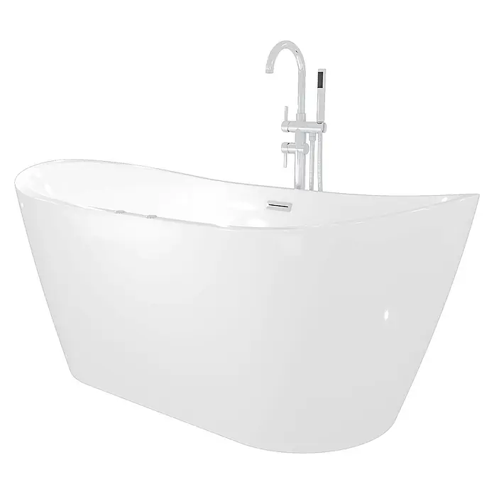 AcquaVapore Freistehende Badewanne Fertigdusche F23-180-AF04 - Acryl, Weiß - Weiße freistehende Badewanne mit bodenstehender Chrom-Armatur und Handbrause.