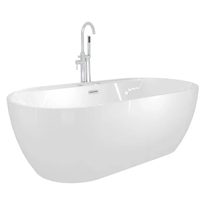 AcquaVapore Freistehende Badewanne Fertigdusche F29-180-AF02 - Acryl, Weiß - Weiße freistehende Badewanne mit bodenstehender Chromarmatur und Handbrause.